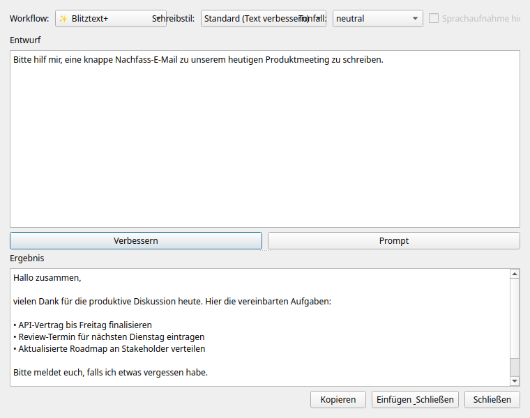 Compose-Fenster mit Entwurfsbereich links, KI-Ergebnis rechts, Workflow- und Vorlagenauswahl sowie Schaltflächen zum Verbessern, Kopieren und Einfügen