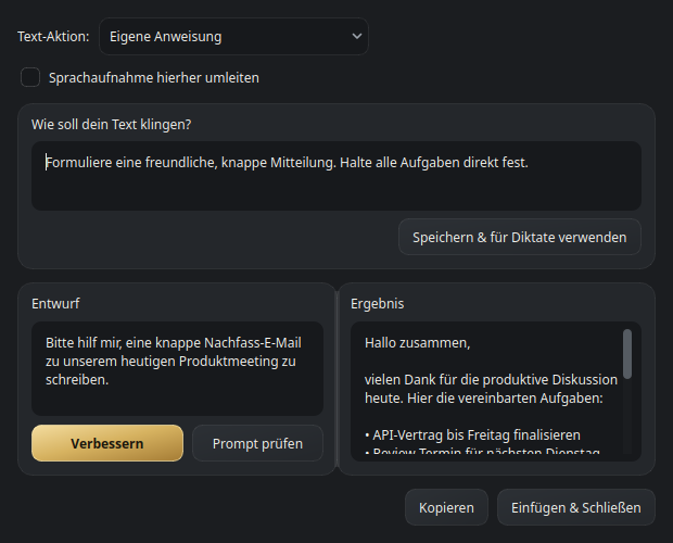 Compose-Fenster mit ausgeklappter eigener Anweisung und Schaltfläche zum Prüfen des Prompts