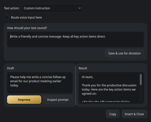 Compose window with the custom instruction editor expanded and a button to inspect the prompt
