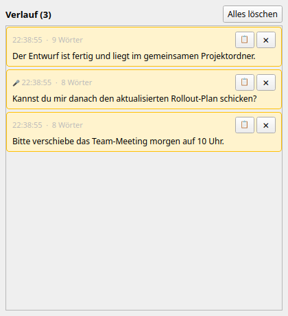 Verlaufsfenster mit den letzten Transkripten und Schaltflächen zum Kopieren und Löschen einzelner Einträge