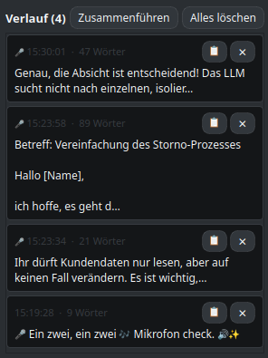 History window with recent transcripts and buttons to copy or delete individual entries
