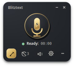 Blitztext Linux single-panel widget with a gold microphone button, “Ready” status, and a tool row for compose, history, read aloud, and settings