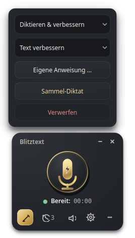 Aktions-Menü des Widgets mit Diktieren & verbessern, Text-Aktion, eigener Anweisung, Sammel-Diktat und Verwerfen