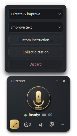 Widget options menu with Dictate & improve, text action, custom instruction, batch dictation, and discard