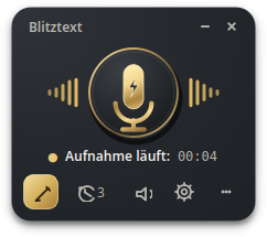 Single-Panel-Widget von Blitztext Linux während einer laufenden Aufnahme mit Timer und animierten Wellenbalken