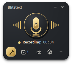 Blitztext Linux single-panel widget during an active recording with a timer and animated wave bars