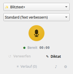 Hauptfenster von Blitztext Linux mit Workflow-Auswahl, Schreibstil-Vorlage, Aufnahmeknopf und Statusanzeige „Bereit“