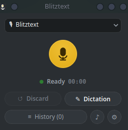 Blitztext Linux main window with workflow selector, writing-style preset, record button, and “Ready” status indicator