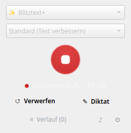 Hauptfenster von Blitztext Linux während einer laufenden Aufnahme mit rotem Statusindikator