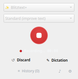 Blitztext Linux main window during an active recording with a red status indicator