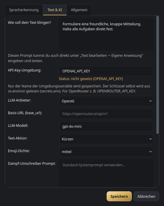 Einstellungen, Tab Text & KI: System-Prompt, API-Key-Umgebungsvariable, LLM-Anbieter, Basis-URL, Modell, Text-Aktion und Emoji-Dichte