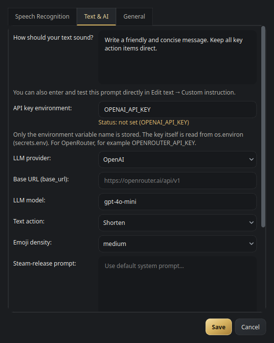 Settings, Text & AI tab: system prompt, API key environment variable, LLM provider, base URL, model, text action, and emoji density