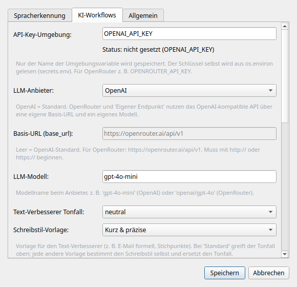 Einstellungen, Tab KI-Workflows: LLM-Anbieter, API-Key-Umgebungsvariable, Basis-URL, Modell, Tonfall und Schreibstil-Vorlage