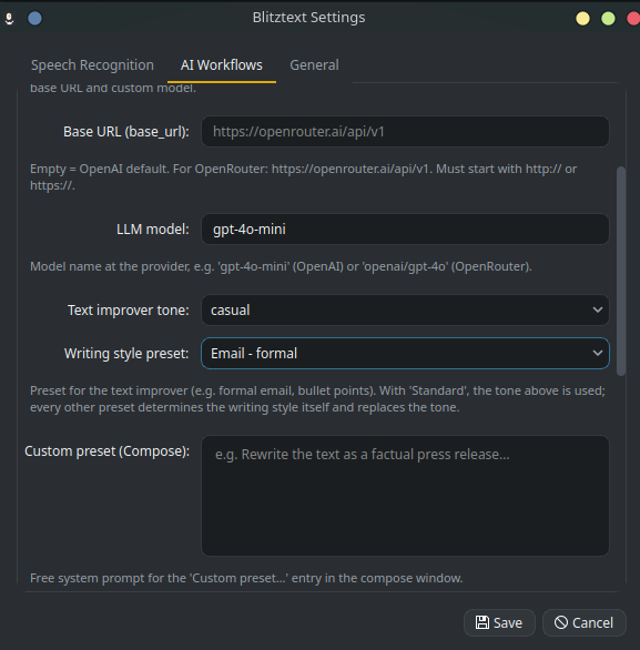 Settings, AI Workflows tab: LLM provider, API key environment variable, base URL, model, tone, and writing-style preset