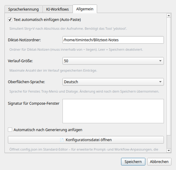 Einstellungen, Tab Allgemein: Auto-Paste, Notizordner, Verlaufsgröße, Sprache der Oberfläche und Signatur
