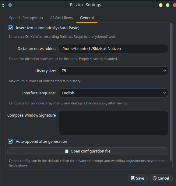 Settings, General tab: auto-paste, notes folder, history size, interface language, and signature