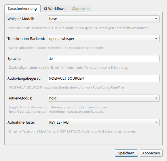 Einstellungen, Tab Spracherkennung: Whisper-Modell, Backend, Sprache, Hotkey-Modus und Aufnahmetaste