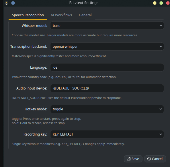 Settings, Speech Recognition tab: Whisper model, backend, language, hotkey mode, and recording key