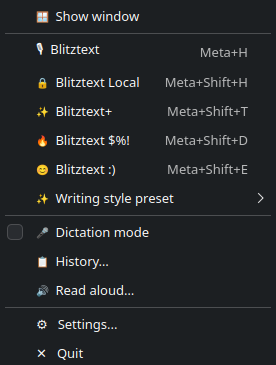 Tray context menu with all five workflows, the Compose window, writing-style presets, dictation mode, history, and settings
