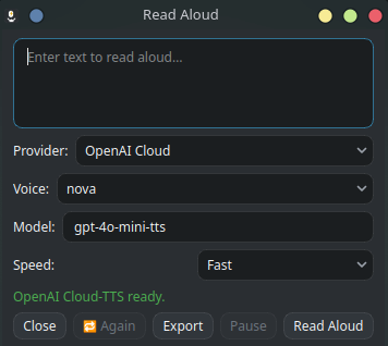 Read-aloud window with text input, voice selection, and buttons to read aloud and export as an audio file